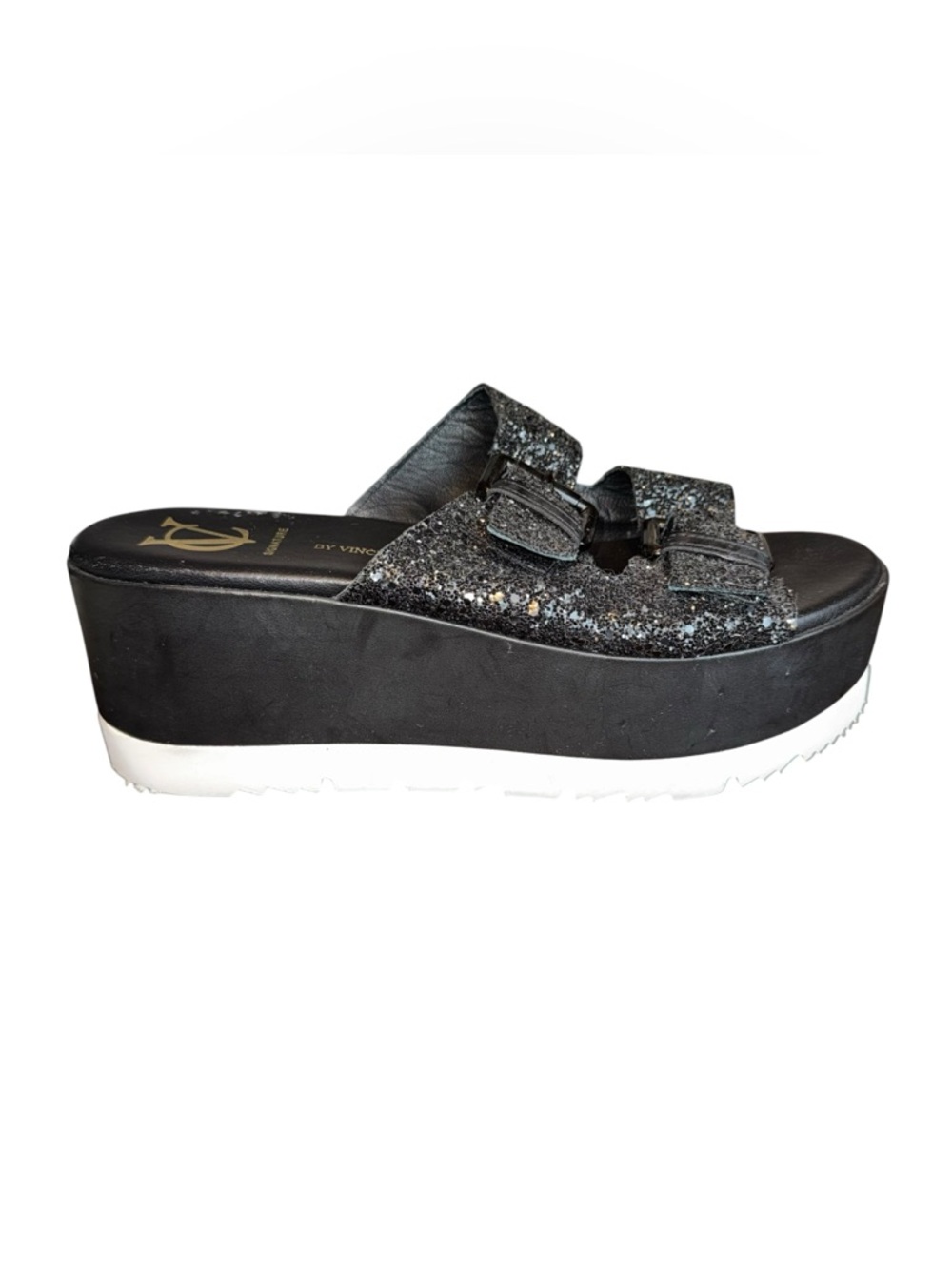 Vintage Vince Camuto Black Glitter Platform Slide size 11